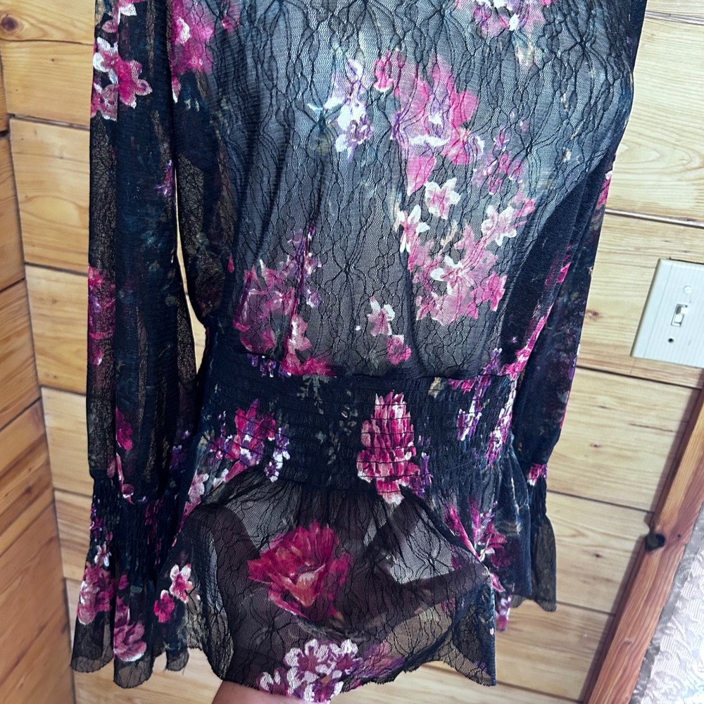 Floral Sheer Mesh Lace Blouse Large Black Mock Neck Smocked Whimsigoth Vamp Dark - Picture 4 of 8